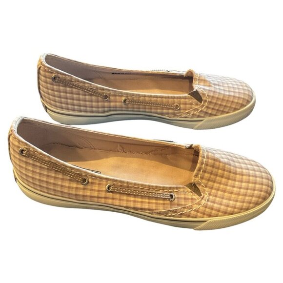 Sperry Top Sider Slip Ons Plaid Peach Brown & Cream Shoes size 9M - Picture 2 of 8
